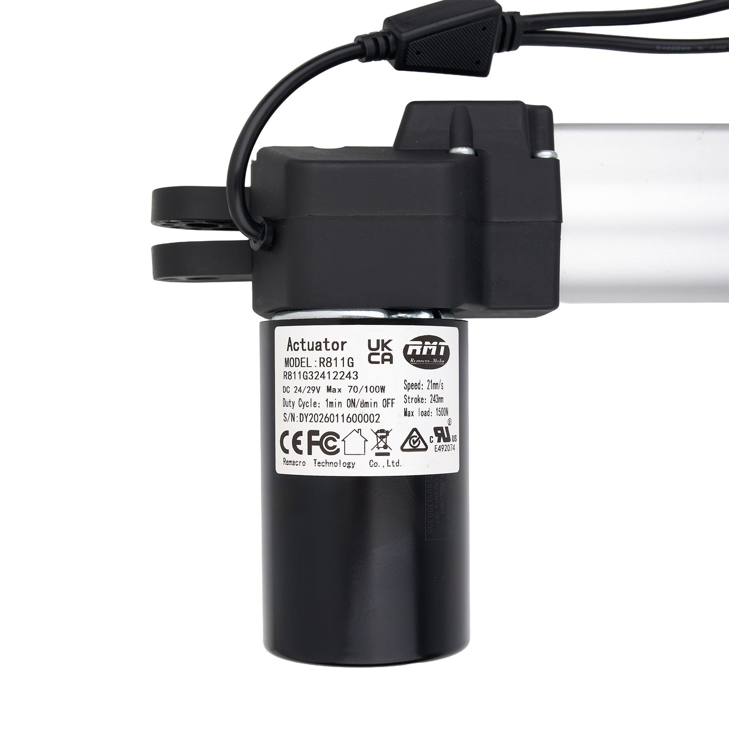 Black actuator with visible branding and certification labels on a white background