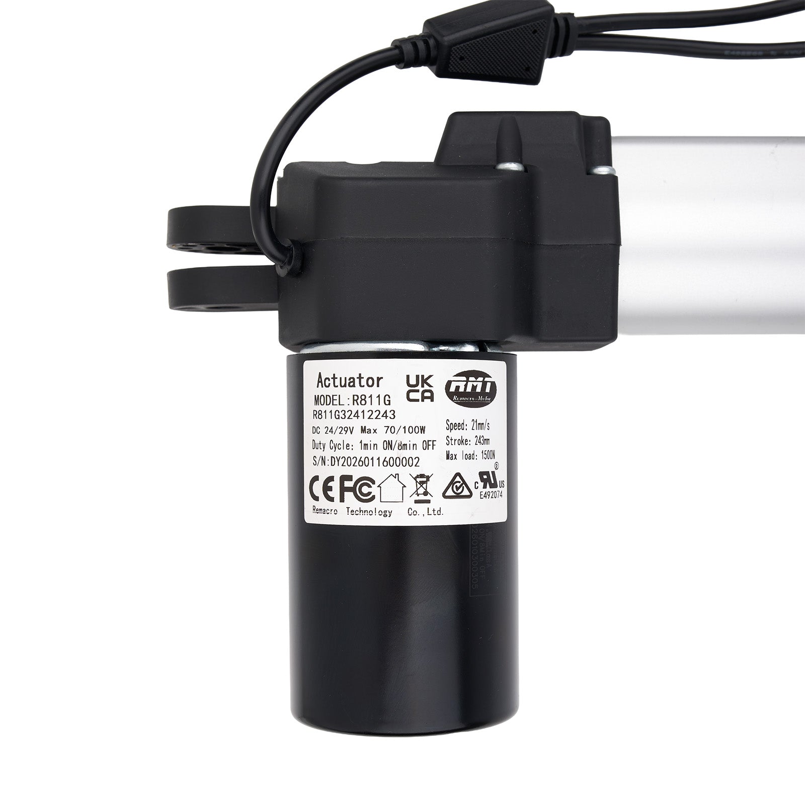 Black actuator with visible branding and certification labels on a white background