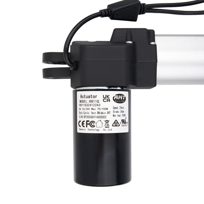 Black actuator with visible branding and certification labels on a white background