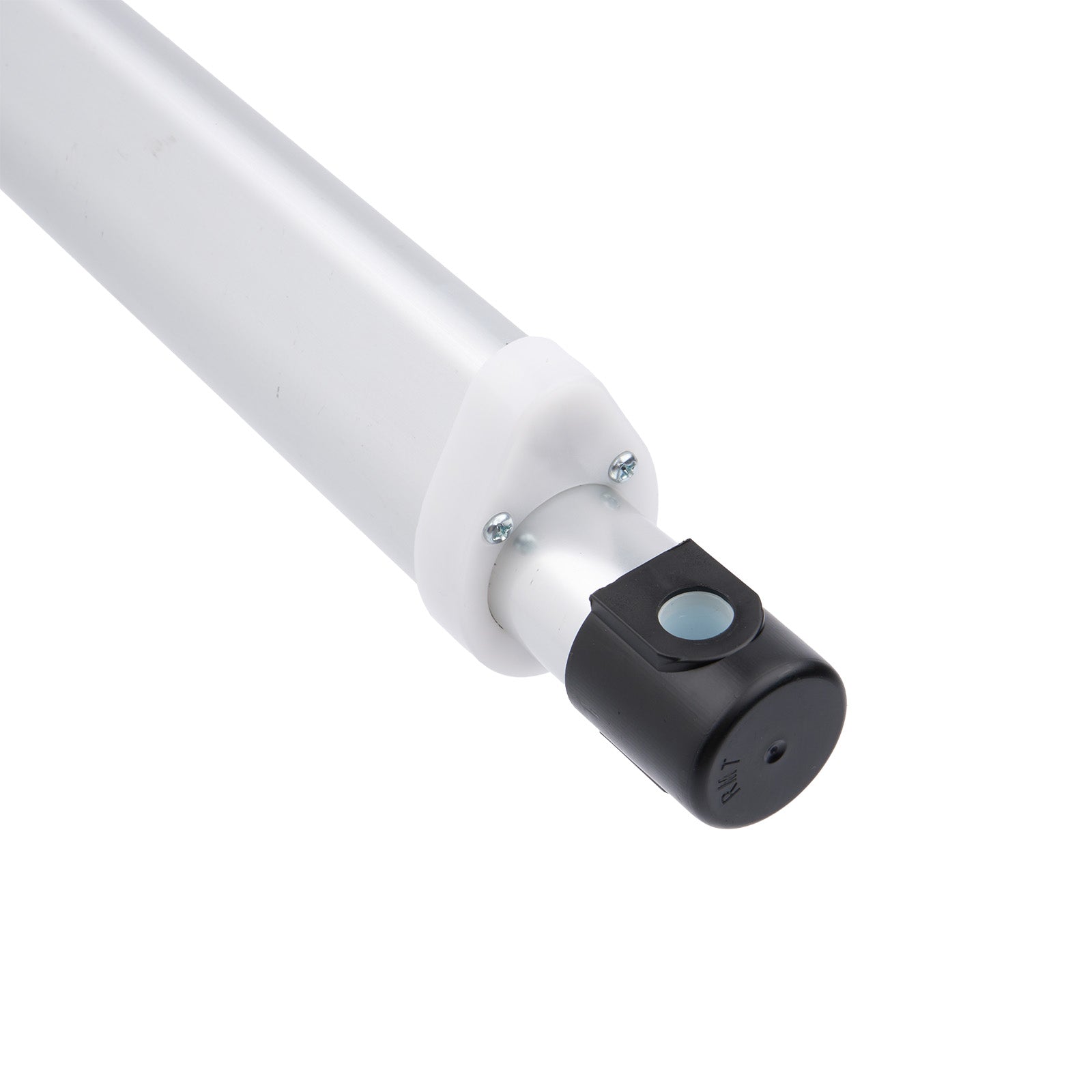 Close-up of a white LED light bulb with a black base on a white background