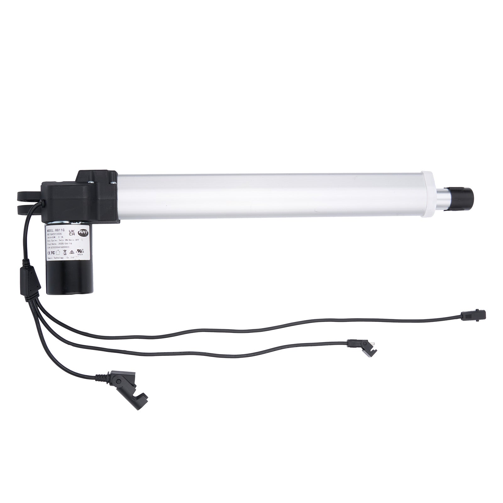 Linear actuator with black housing and white cylindrical component on a white background