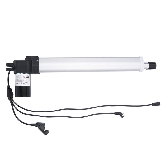 Linear actuator with black housing and white cylindrical component on a white background