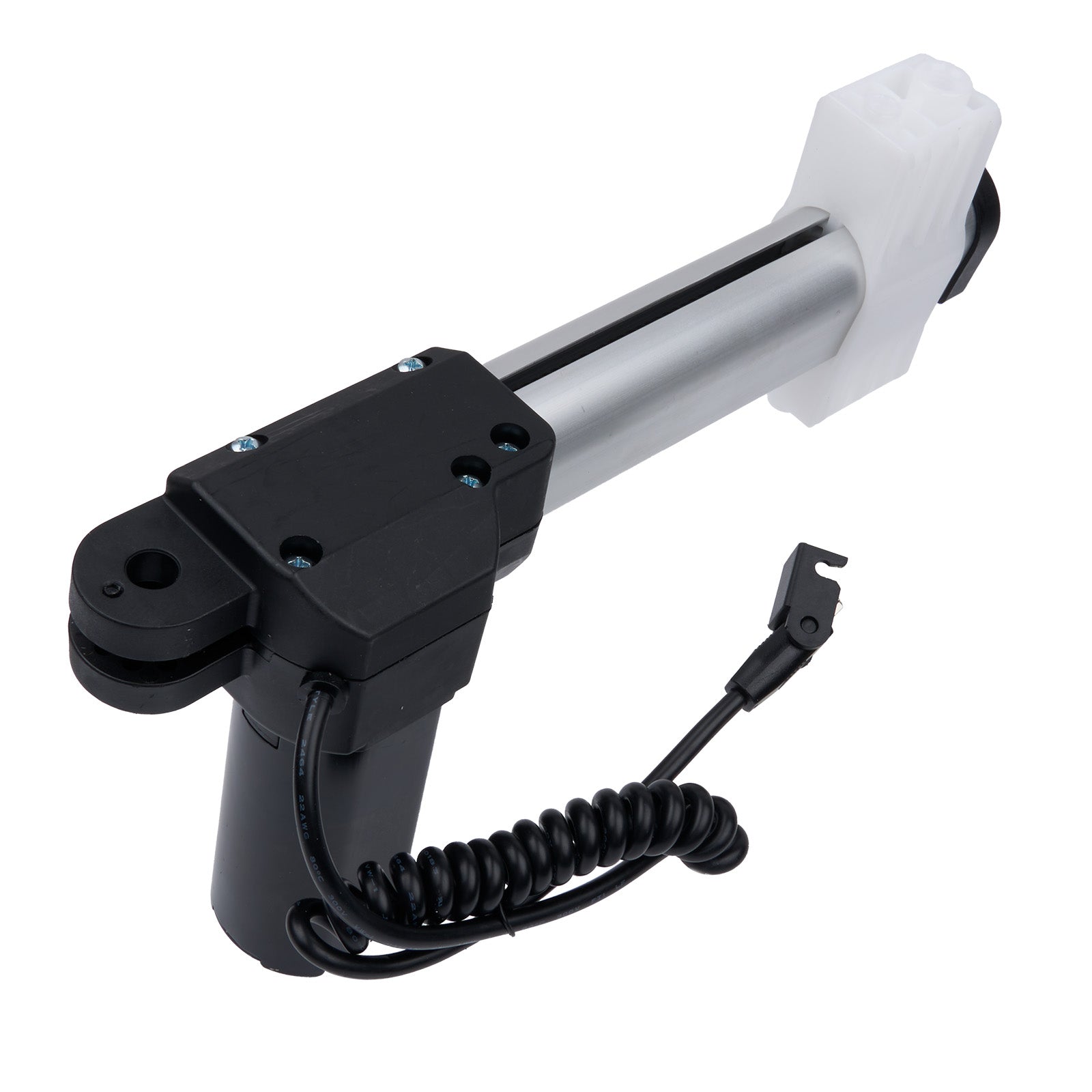Black and silver mechanical arm with a coiled cable on a white background