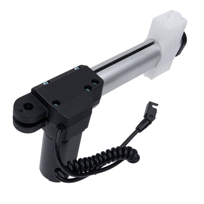 Black and silver mechanical arm with a coiled cable on a white background