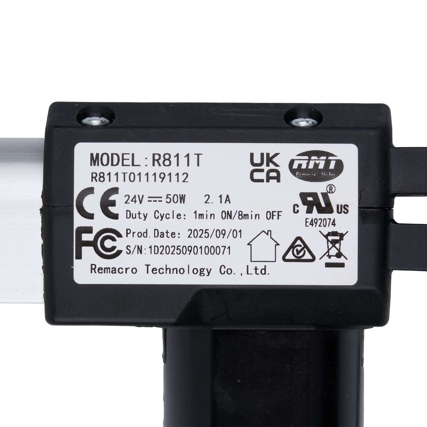 Black electronic component with certification labels on a white background