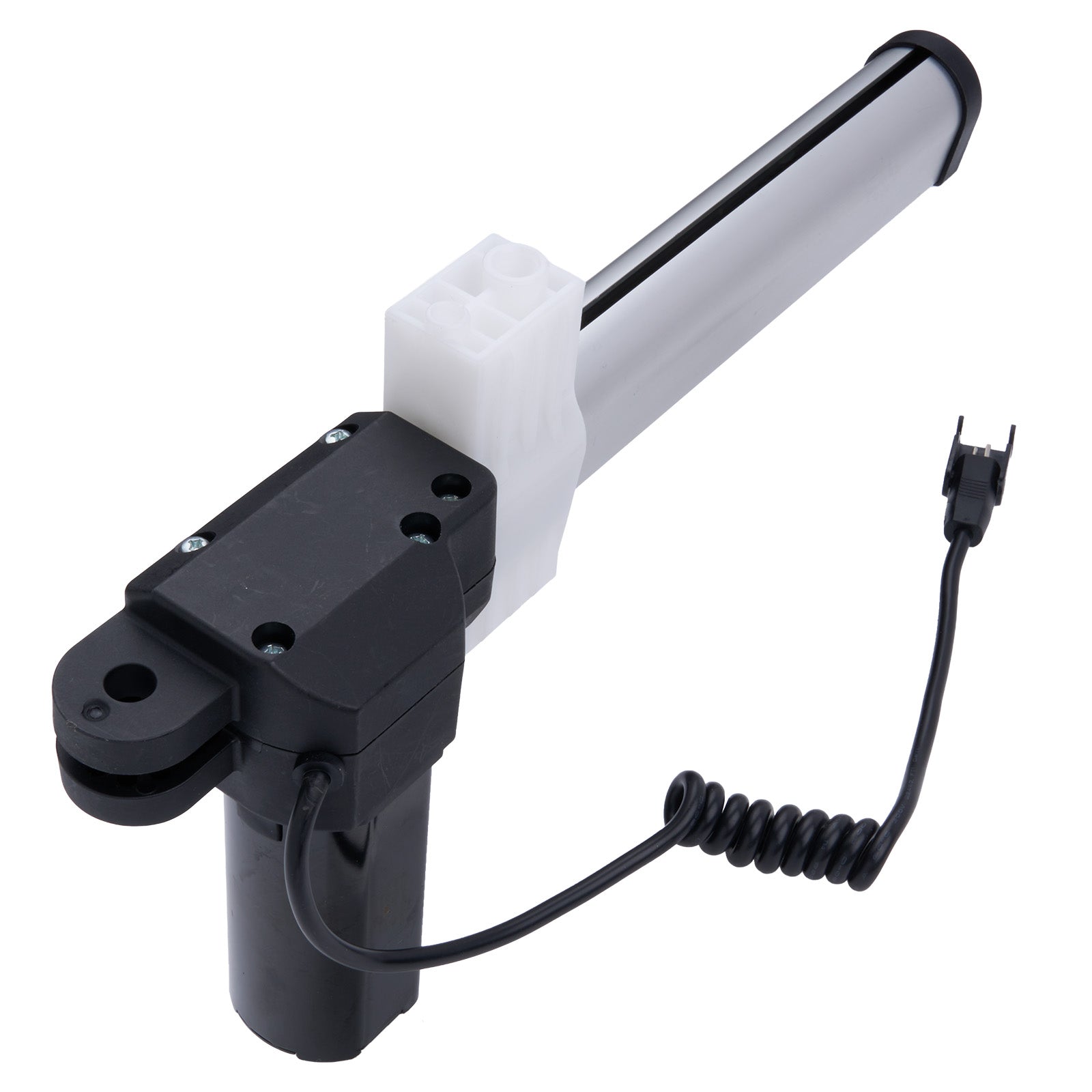 Black and white actuator with a coiled cable on a white background