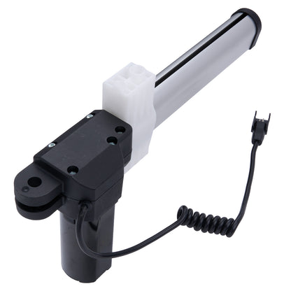 Black and white actuator with a coiled cable on a white background