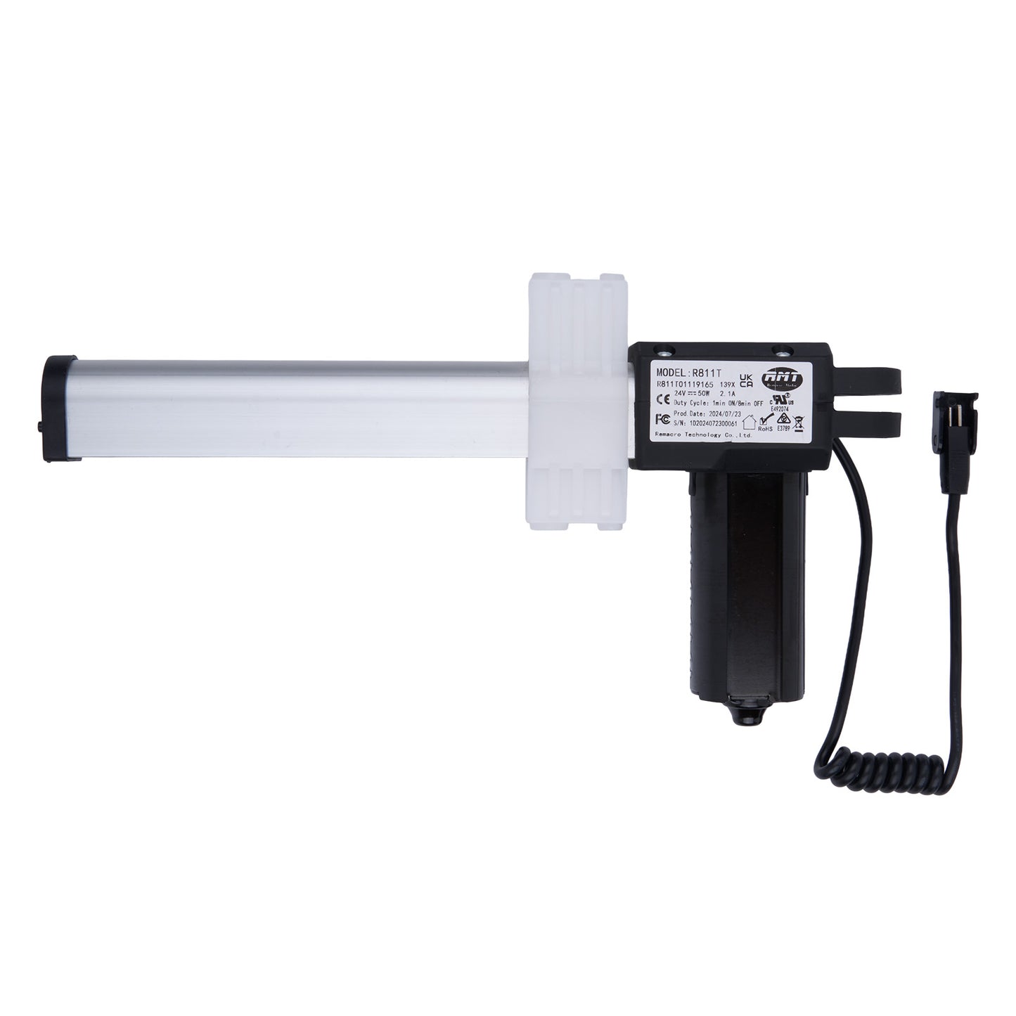 Electronic device with a white cylindrical component and black control panel on a white background