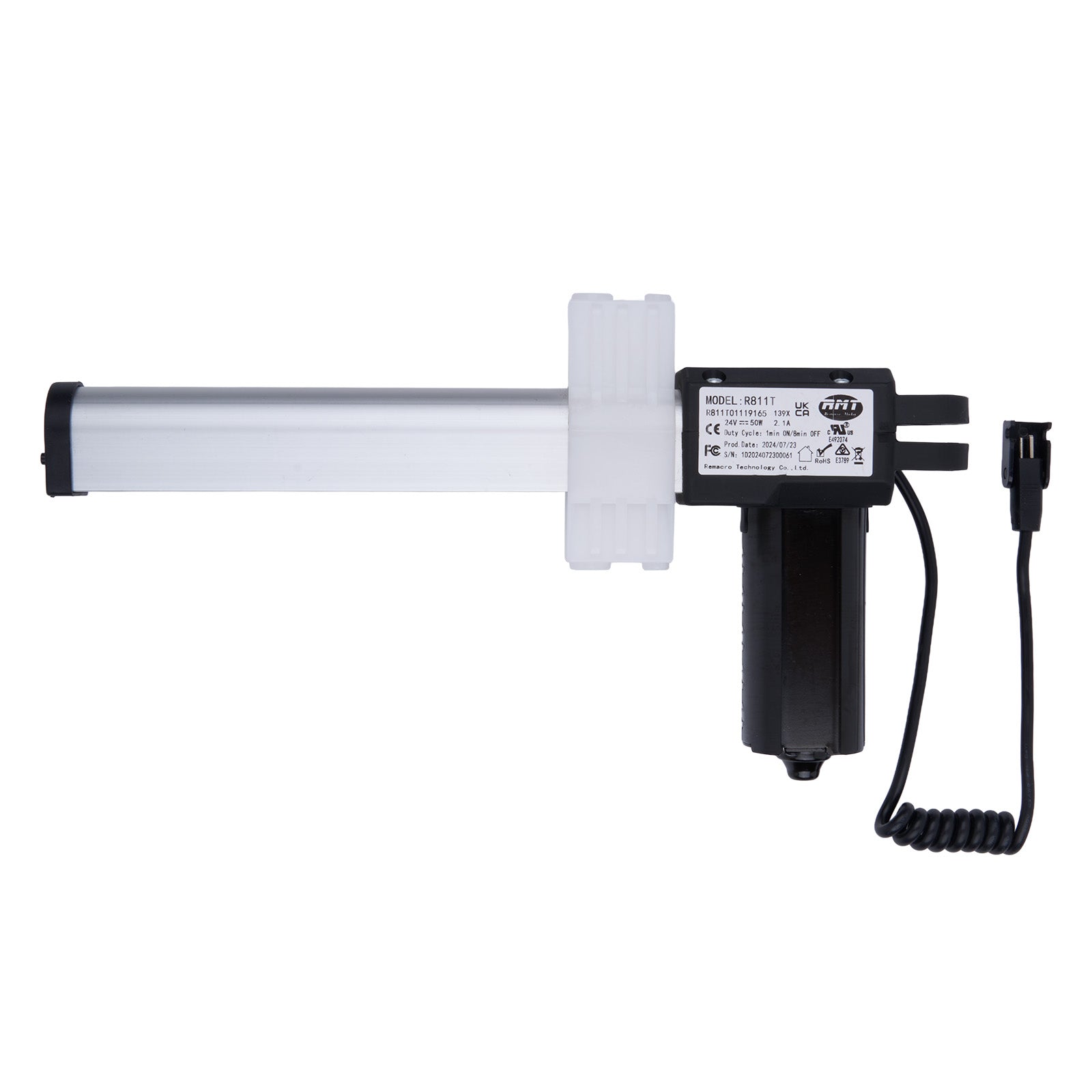 Electronic device with a white cylindrical component and black control panel on a white background