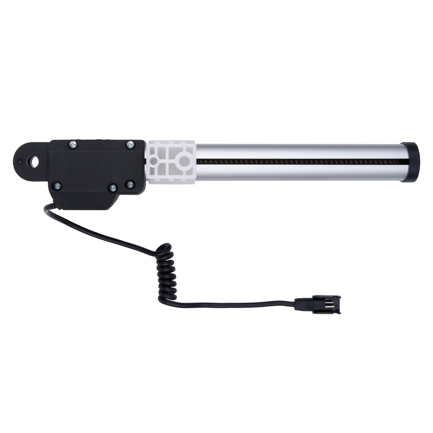 Black and silver cylindrical device with a coiled cable on a white background