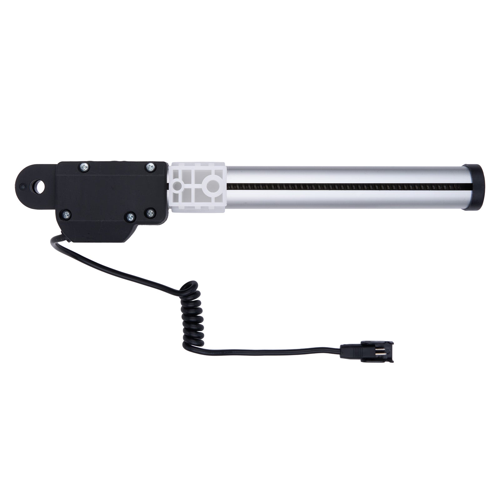 Black and silver cylindrical device with a coiled cable on a white background