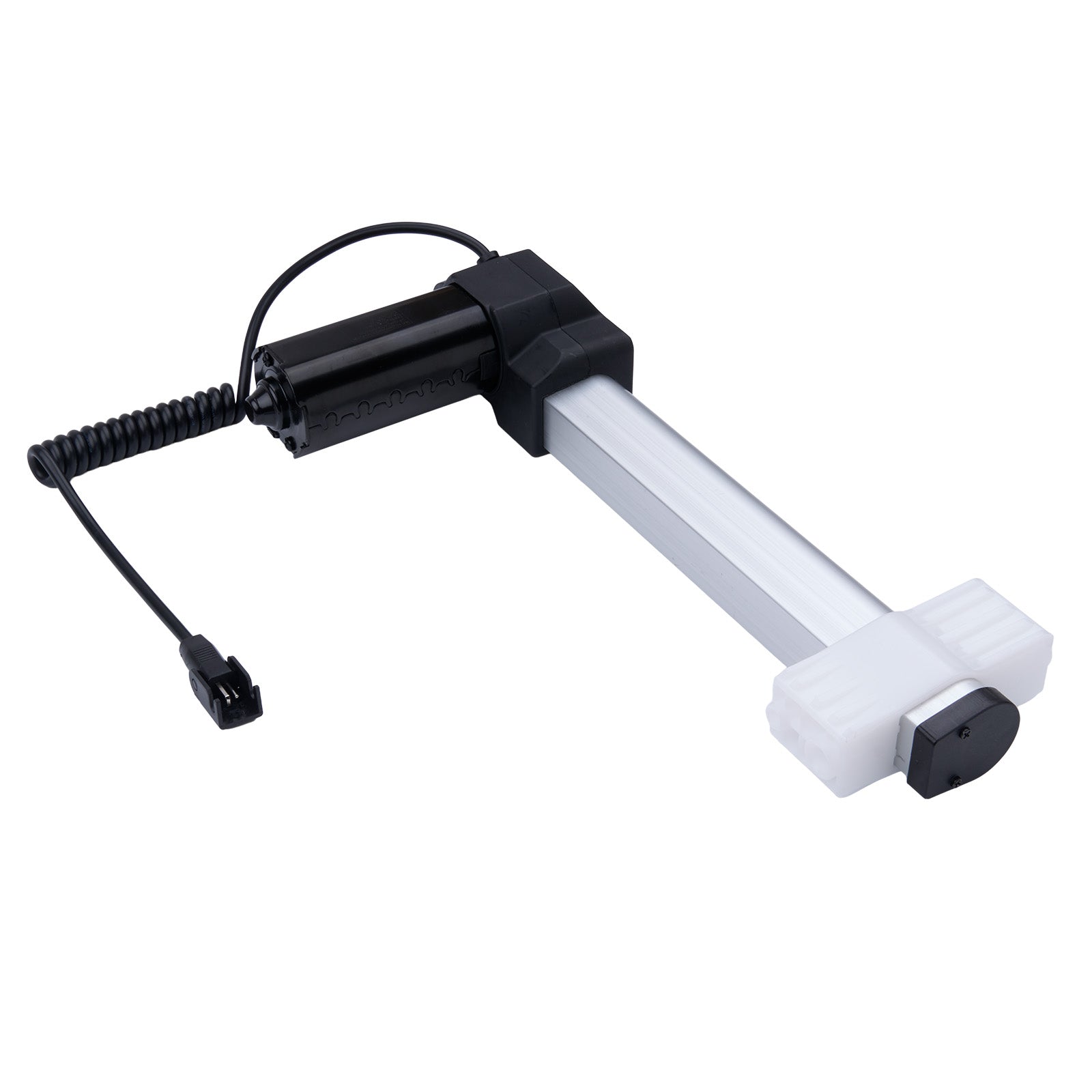 White light bulb with black base and coiled cord on a white background