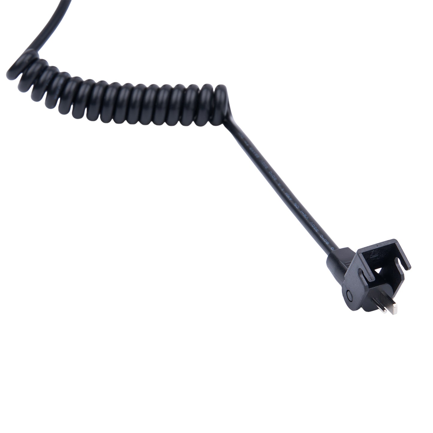 Black coiled cable with a connector on a white background