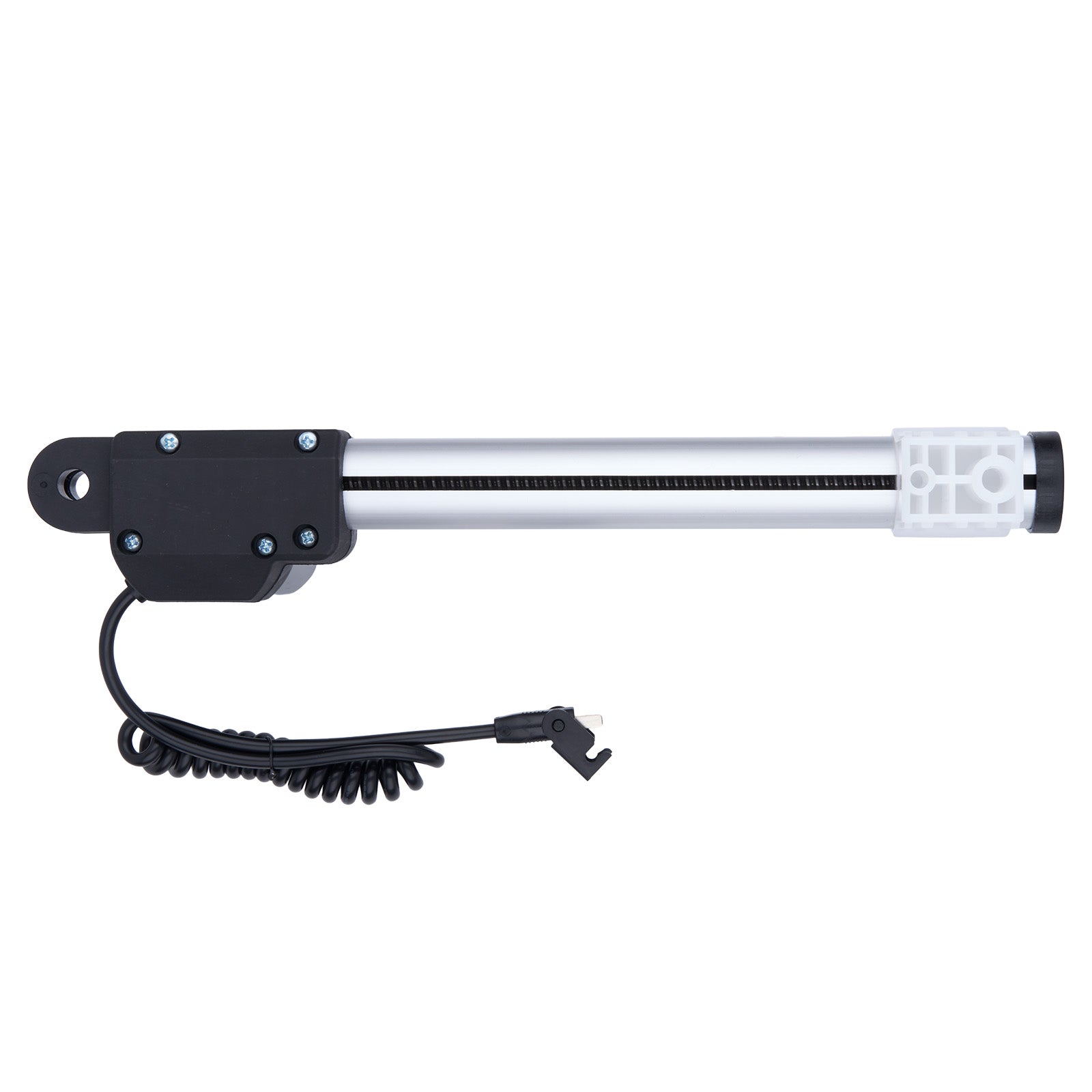 Motorized actuator with black housing and coiled cable on a white background