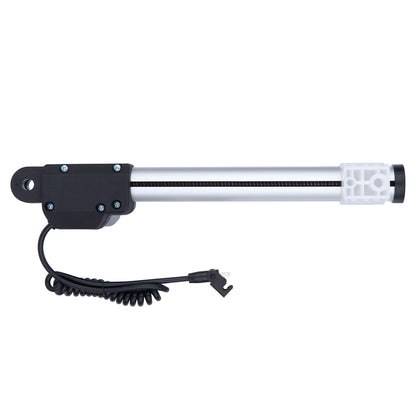 Motorized actuator with black housing and coiled cable on a white background