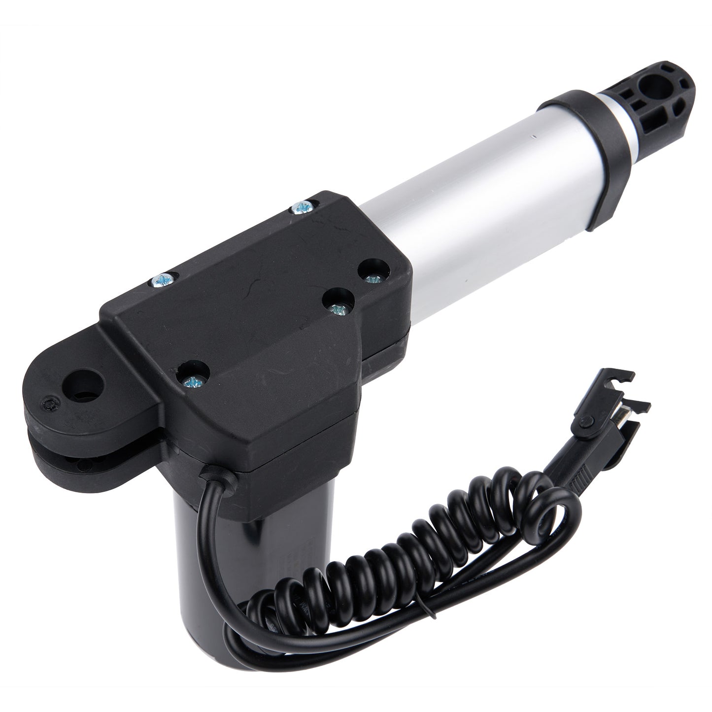 Black and silver mechanical component with coiled cable on a white background