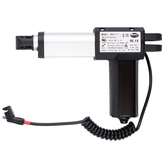 A RMT R811T01187018 linear actuator, predominantly black in color, with a silver cylinder and attached electrical cable.