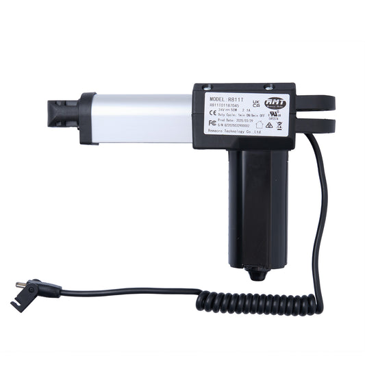An RMT brand linear actuator with a 2-pin male plug, labeled with model number R811T01187045, black and silver in color, with a coiled wire attached.
