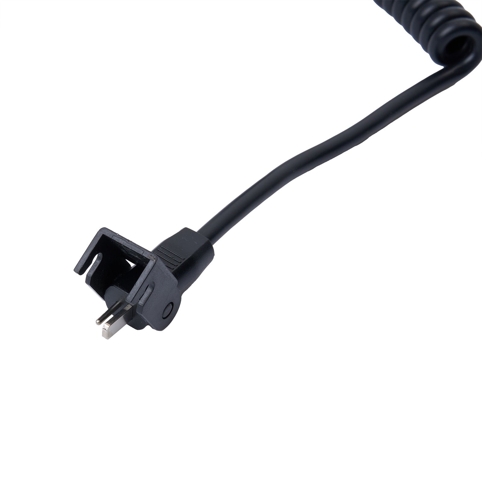 Black power cord with plug on a white background