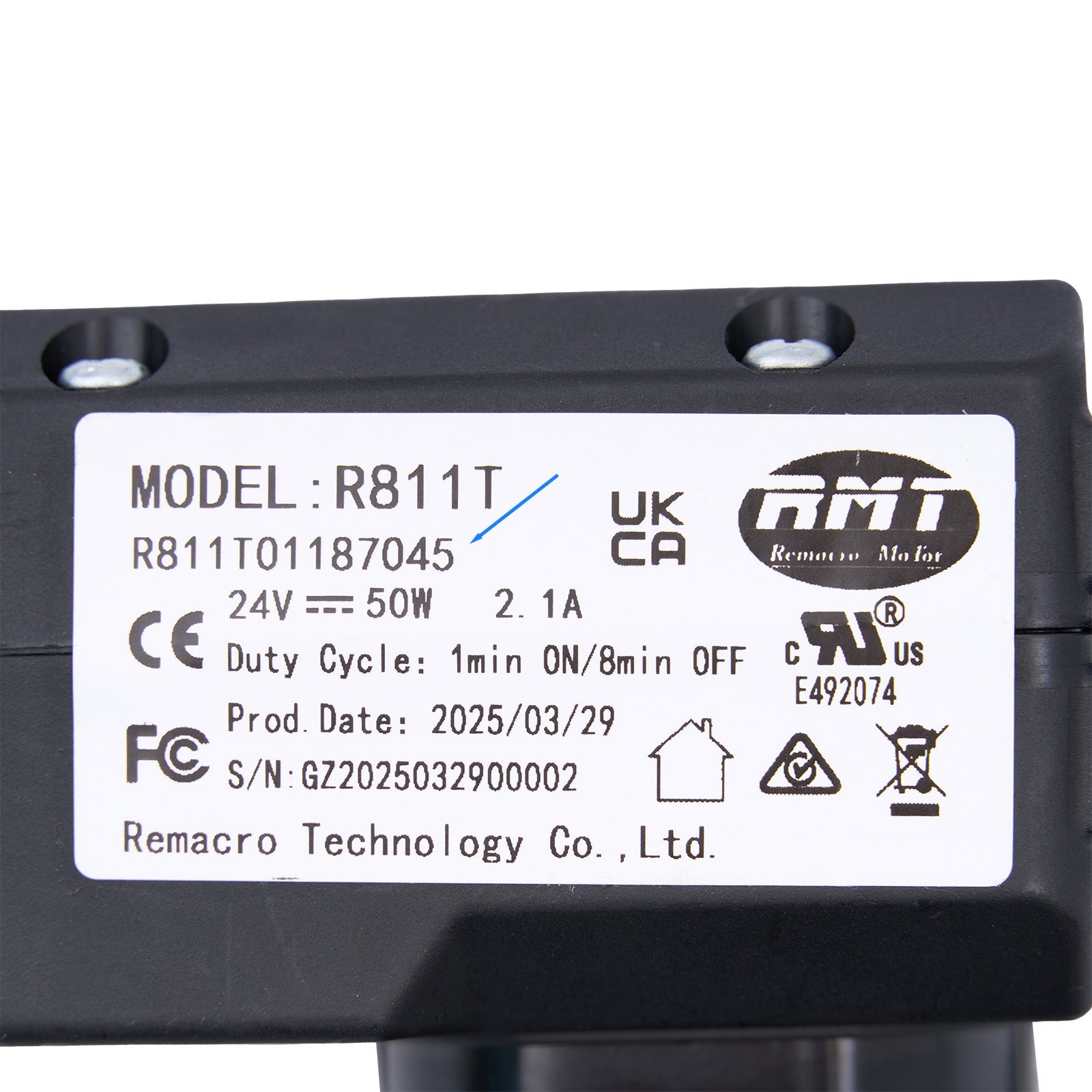 Product label with model number, specifications, and branding on a black device.