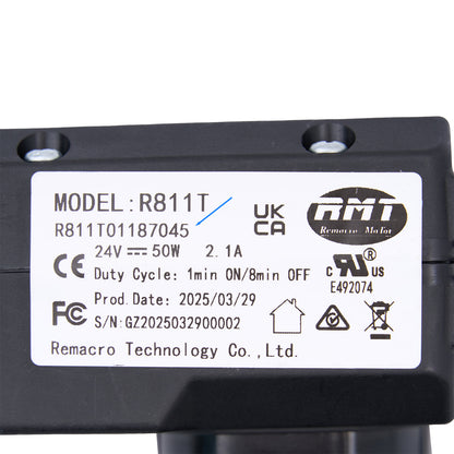 Product label with model number, specifications, and branding on a black device.