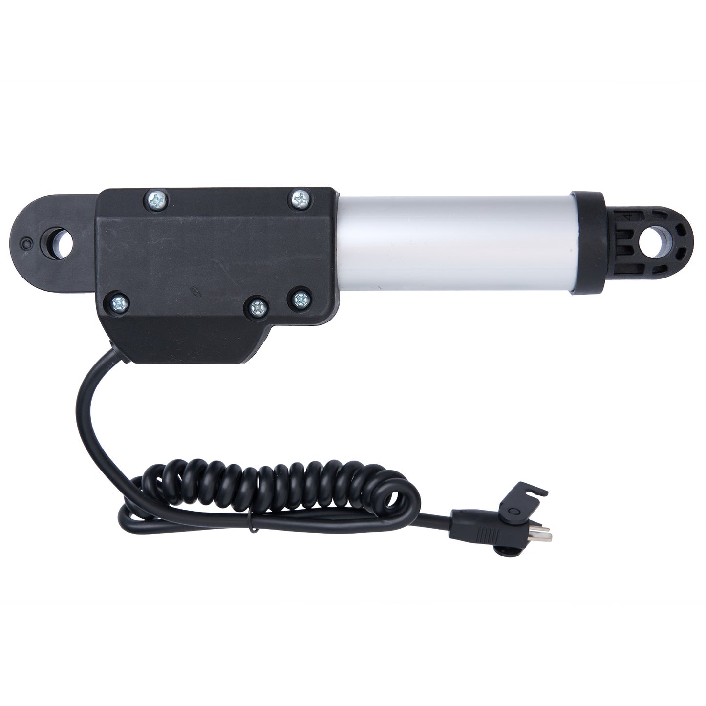 Linear actuator with coiled cable and plug on white background