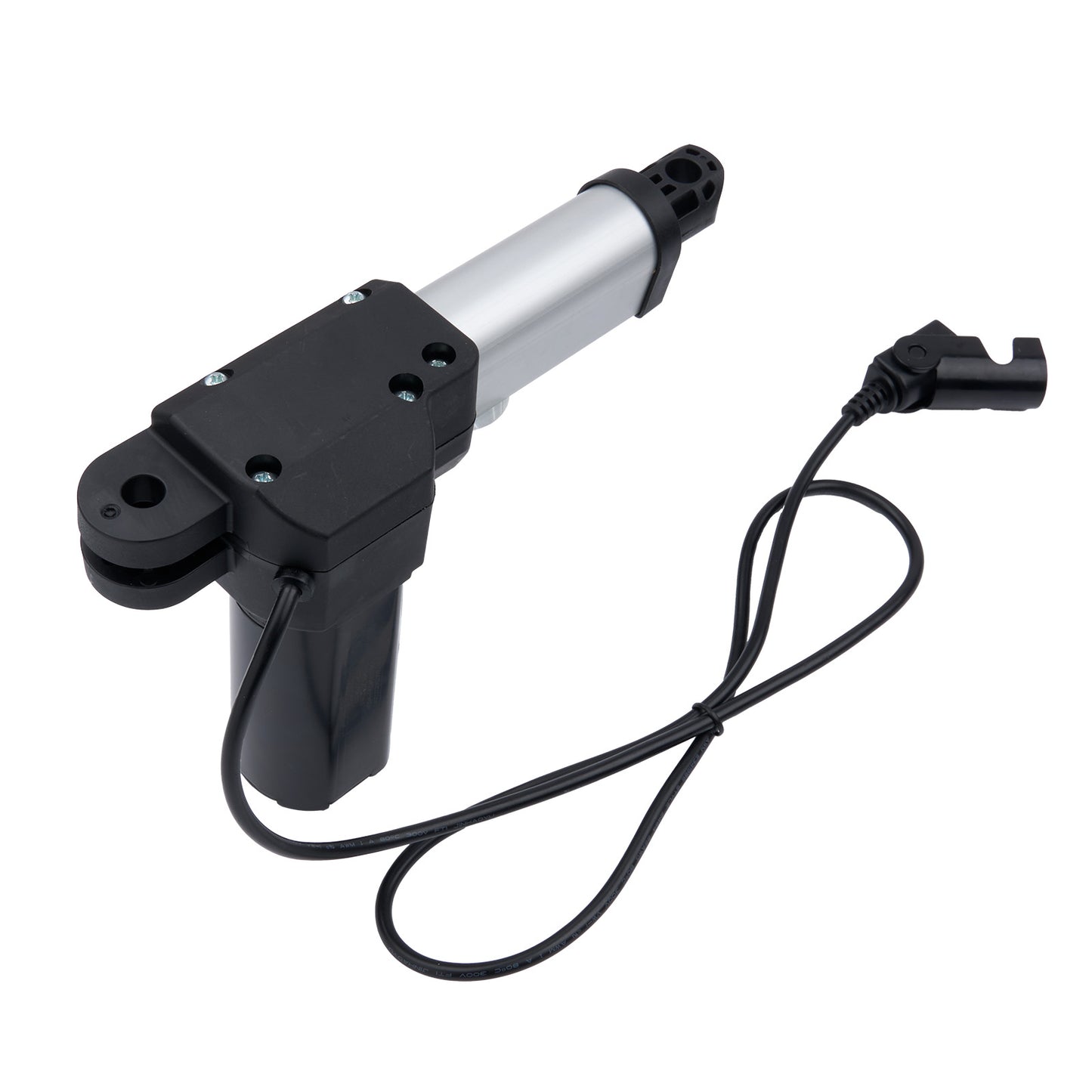 Black and silver actuator with a cable on a white background