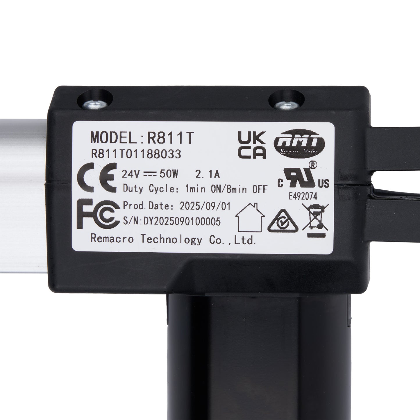 Black electronic component with certification labels on a white background
