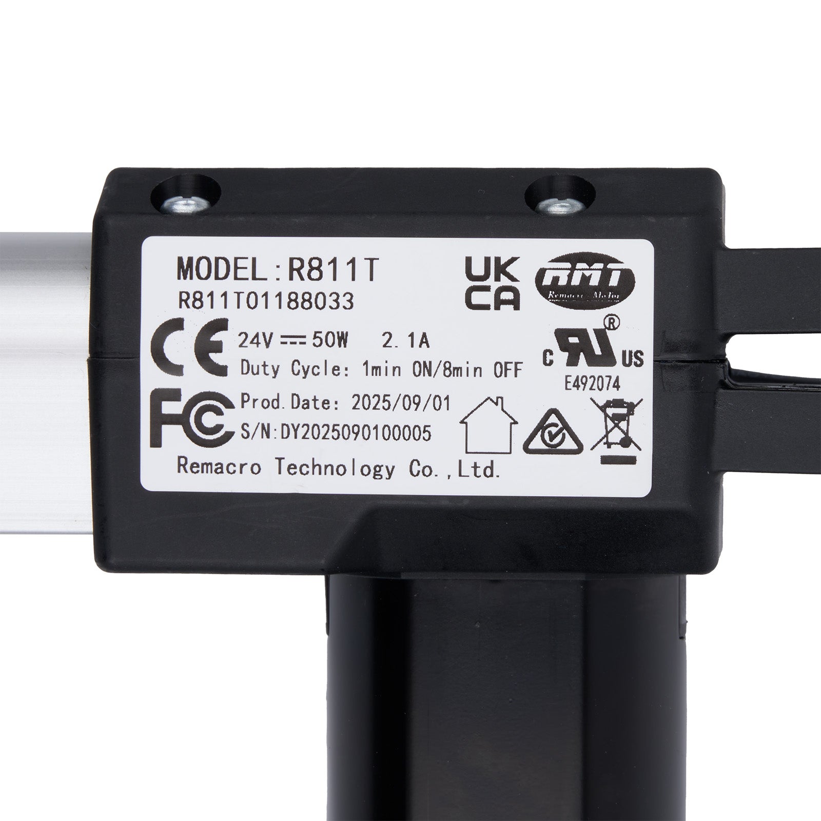 Black electronic component with certification labels on a white background