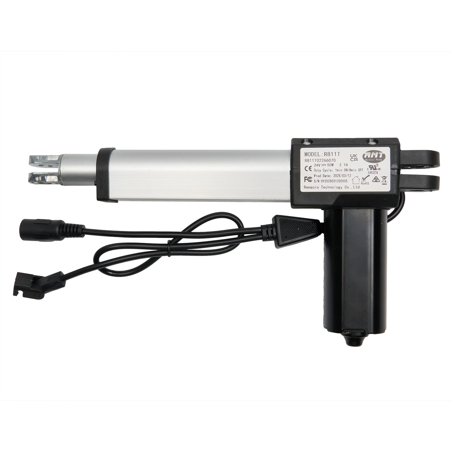 A RMT brand linear actuator with model number R811T02266070, featuring a silver cylinder, black wiring, and plugs connected to a power adapter.
