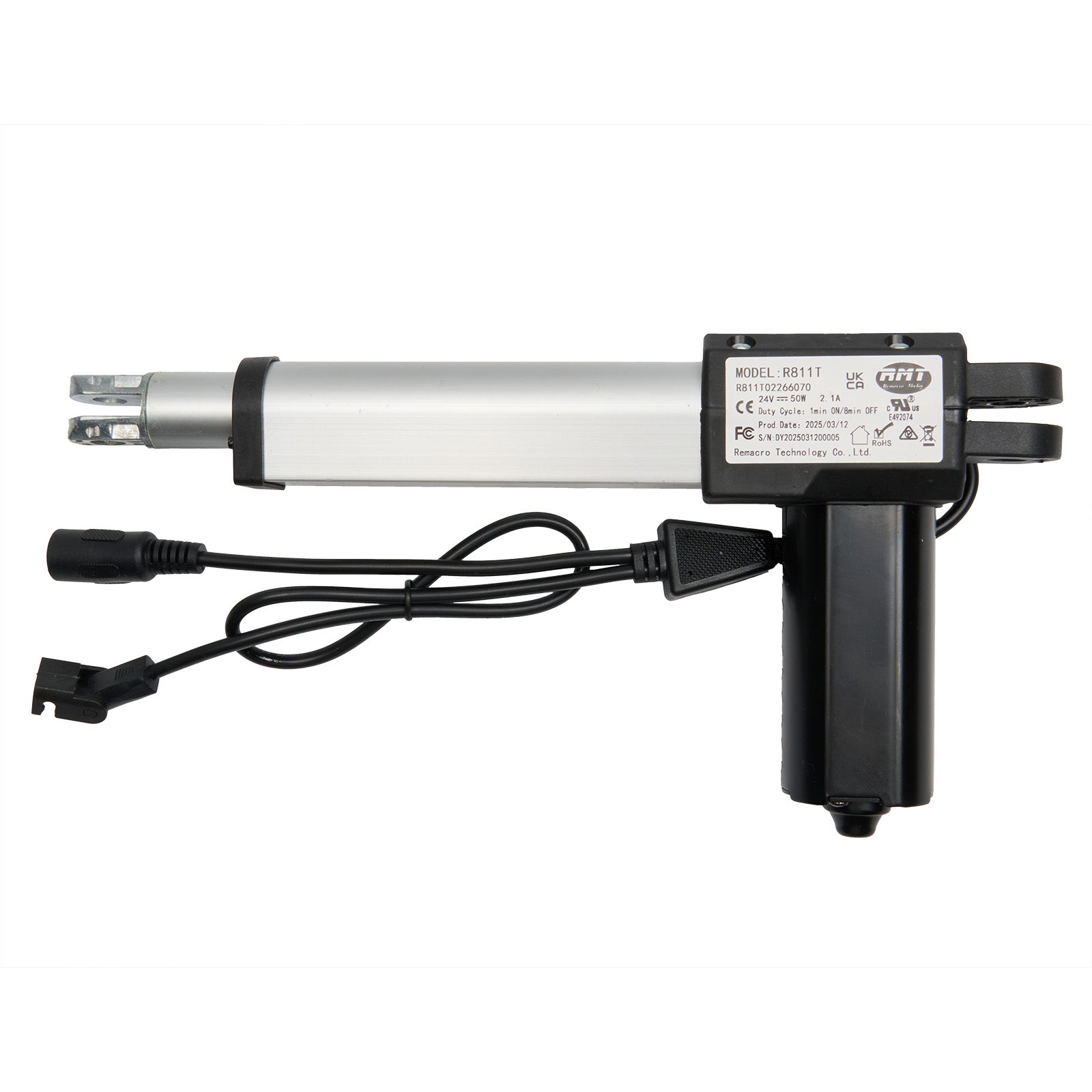 A RMT brand linear actuator with model number R811T02266070, featuring a silver cylinder, black wiring, and plugs connected to a power adapter.