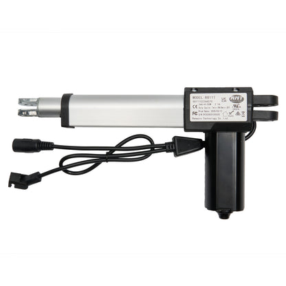 A RMT brand linear actuator with model number R811T02266070, featuring a silver cylinder, black wiring, and plugs connected to a power adapter.
