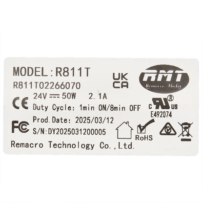 Product label with specifications and logos on a white background