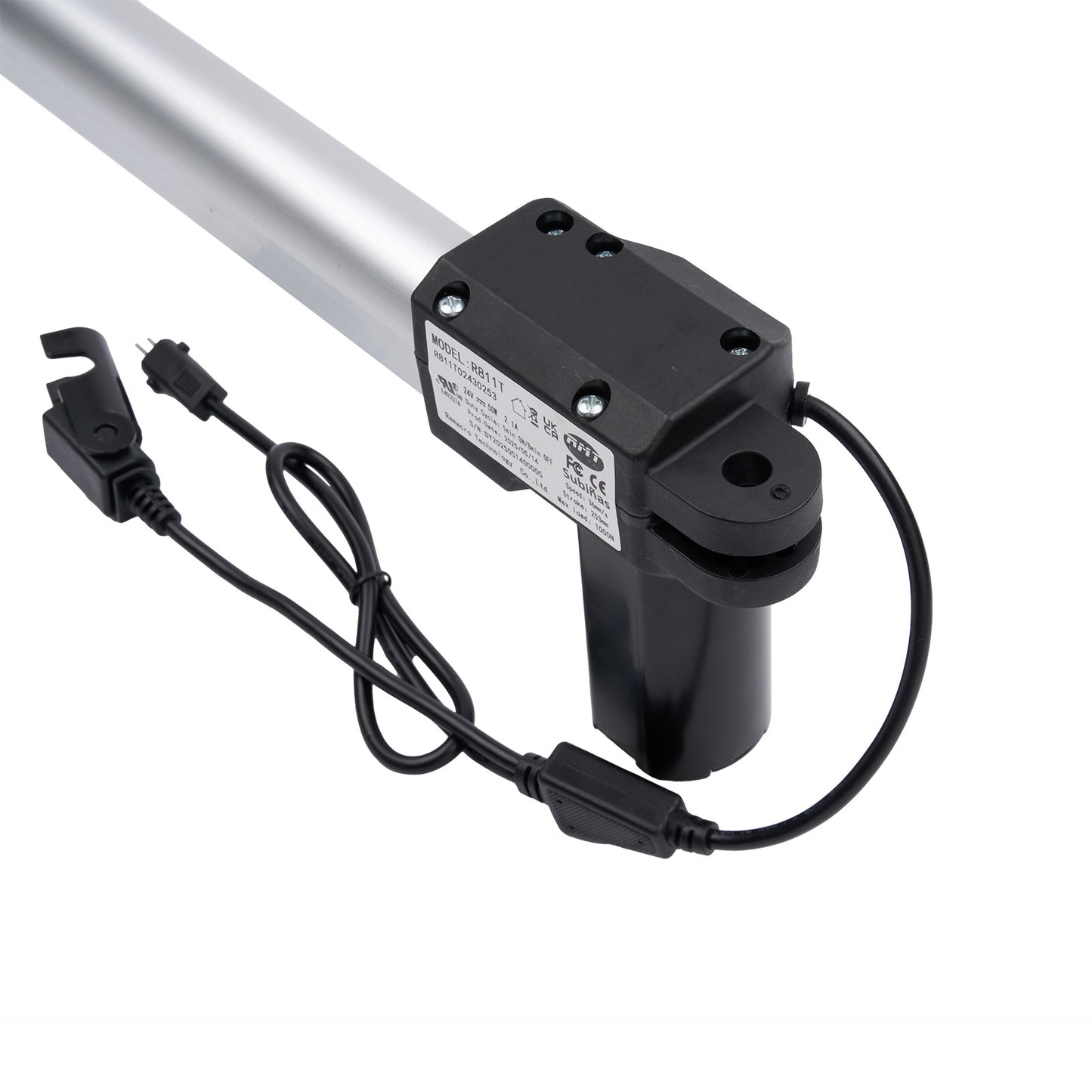 Black linear actuator with power cable on a white background