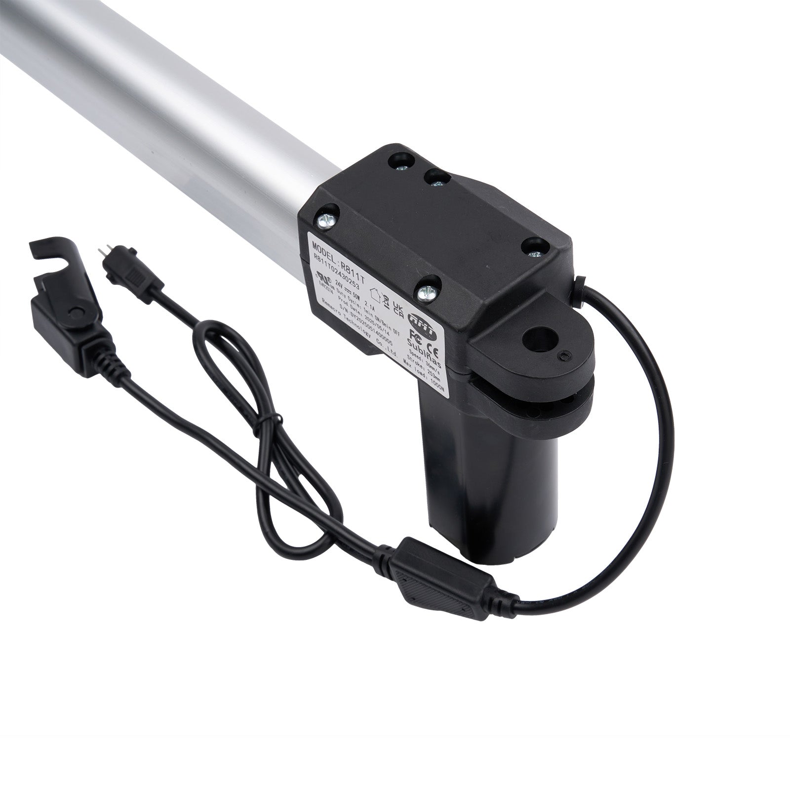 Black linear actuator with power cable on a white background