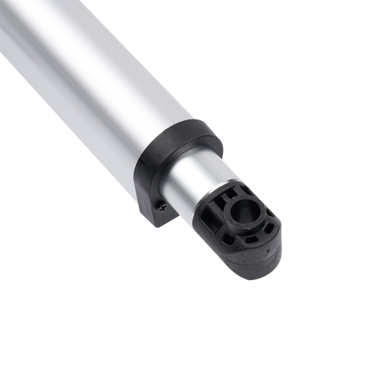 Metallic cylindrical object with black end cap on a white background