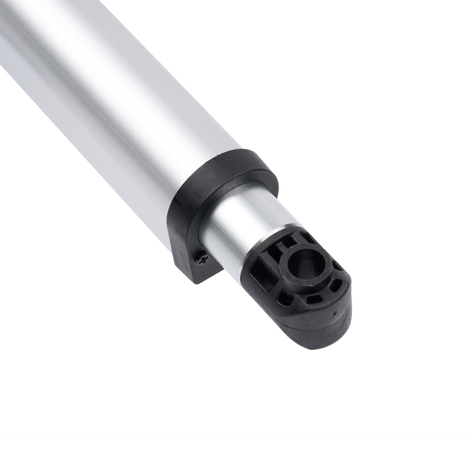 Metallic cylindrical object with black end cap on a white background