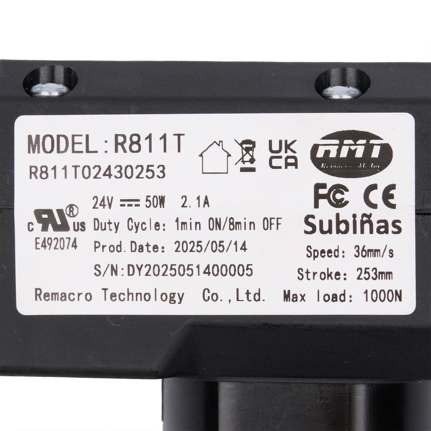Technical label on a mechanical component with specifications and branding.