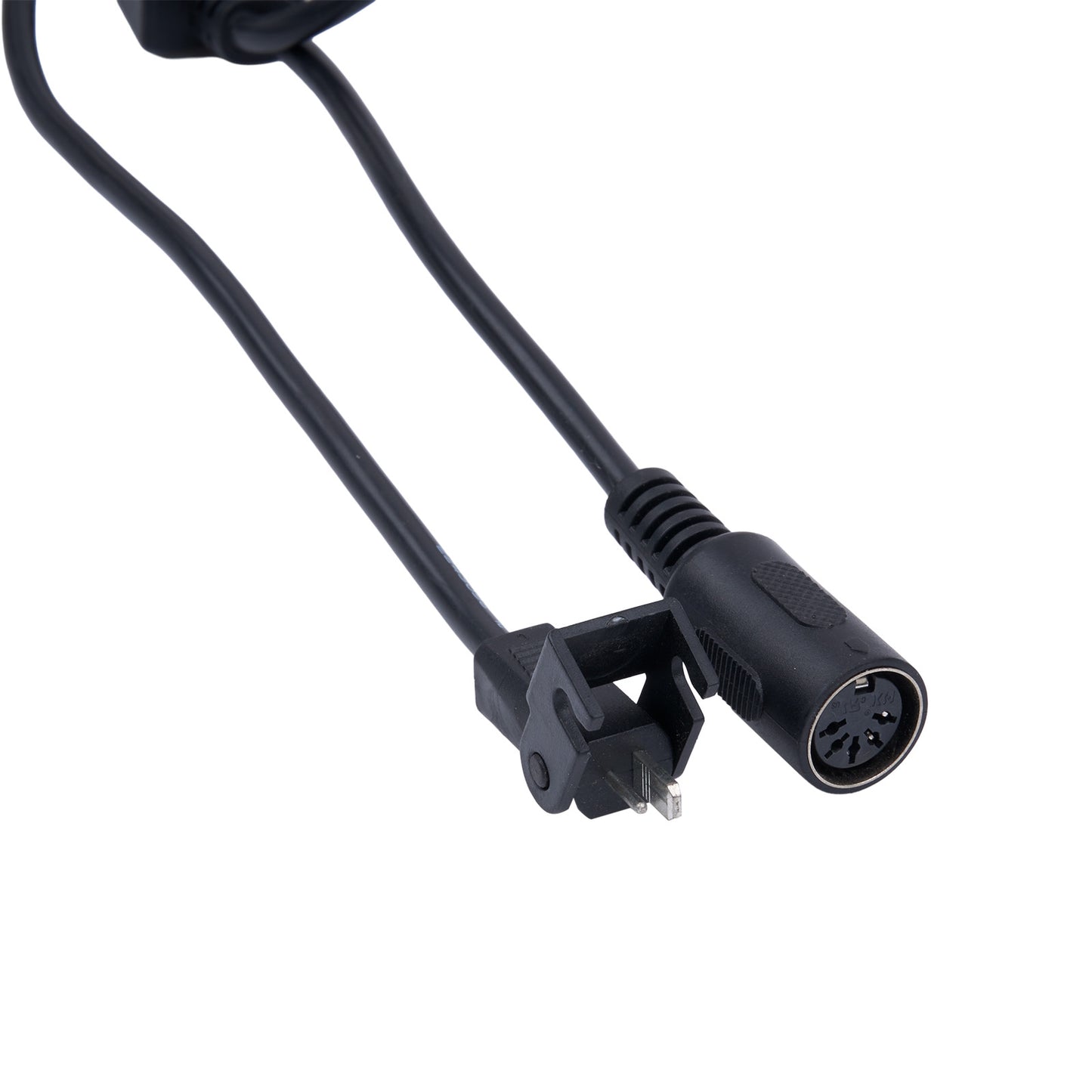 Black audio cable with XLR plug on a white background