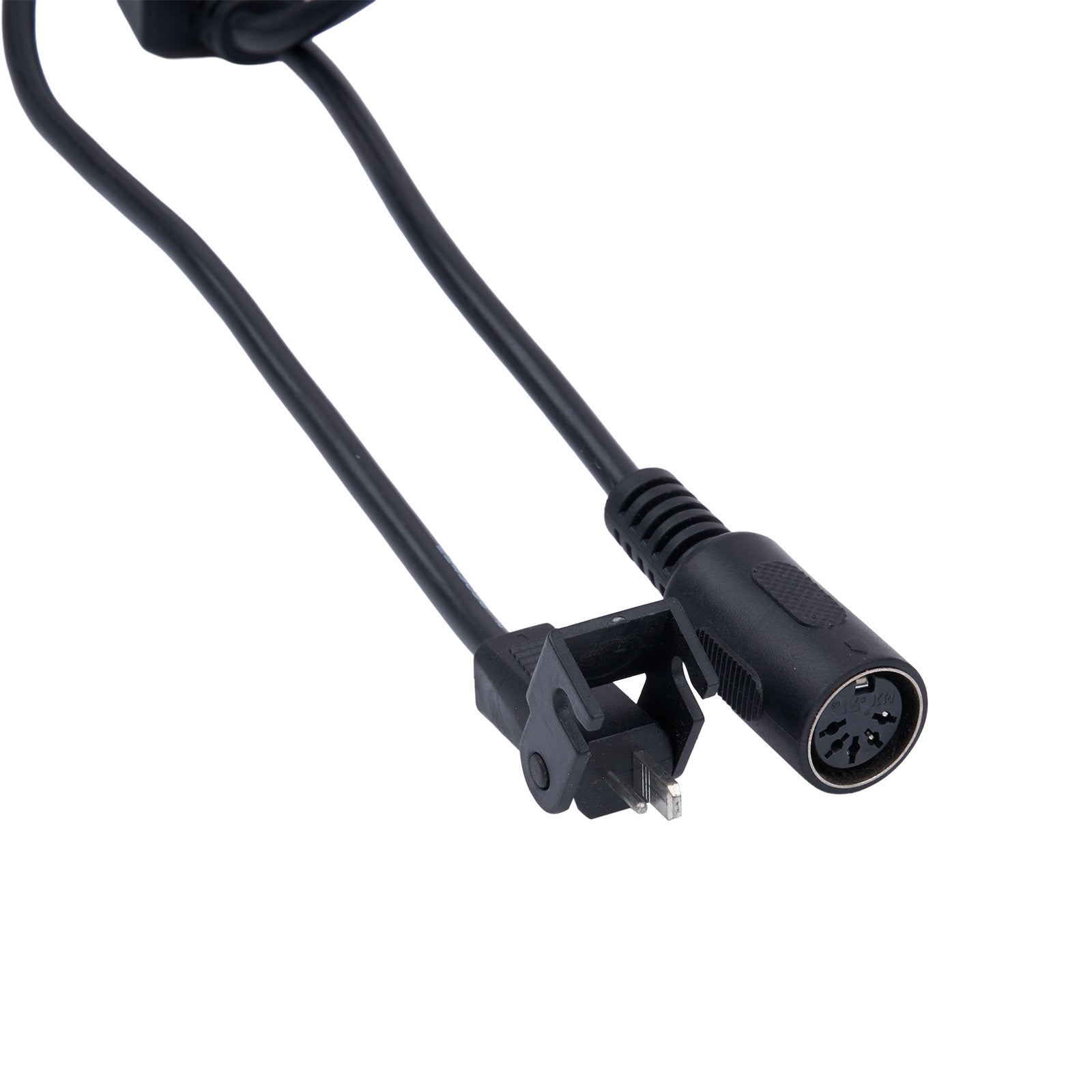 Black audio cable with XLR plug on a white background
