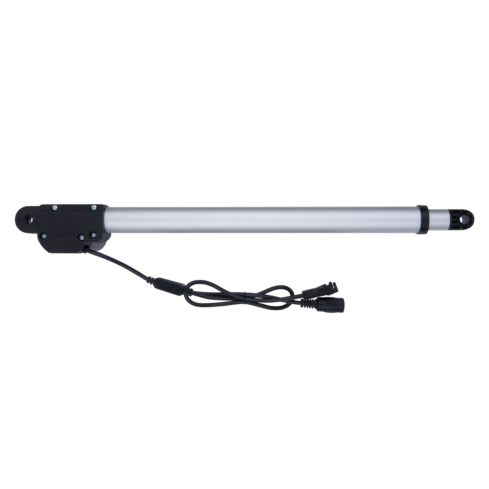 Long rectangular light fixture with black connector on a white background
