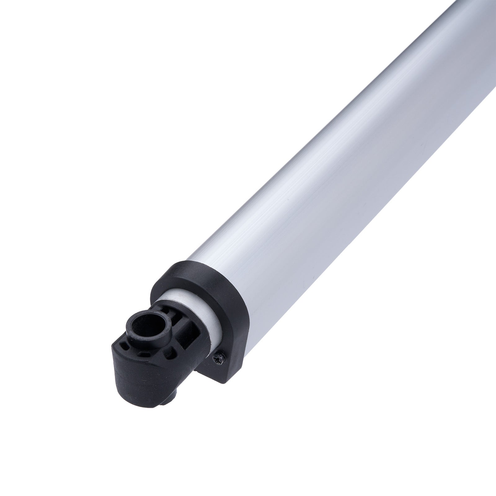 White cylindrical object with black fitting on a white background