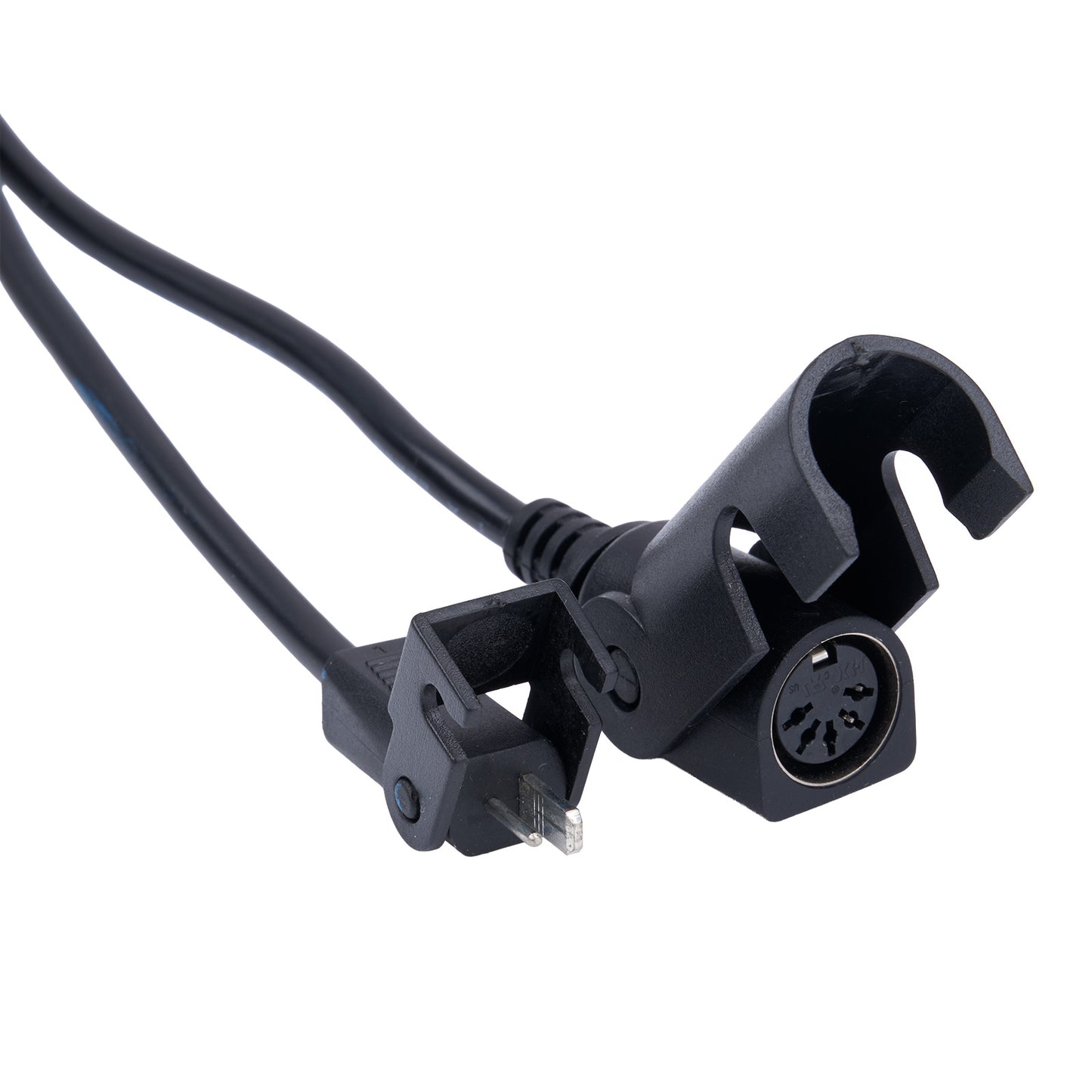 Black electrical connector with multiple wires on a white background