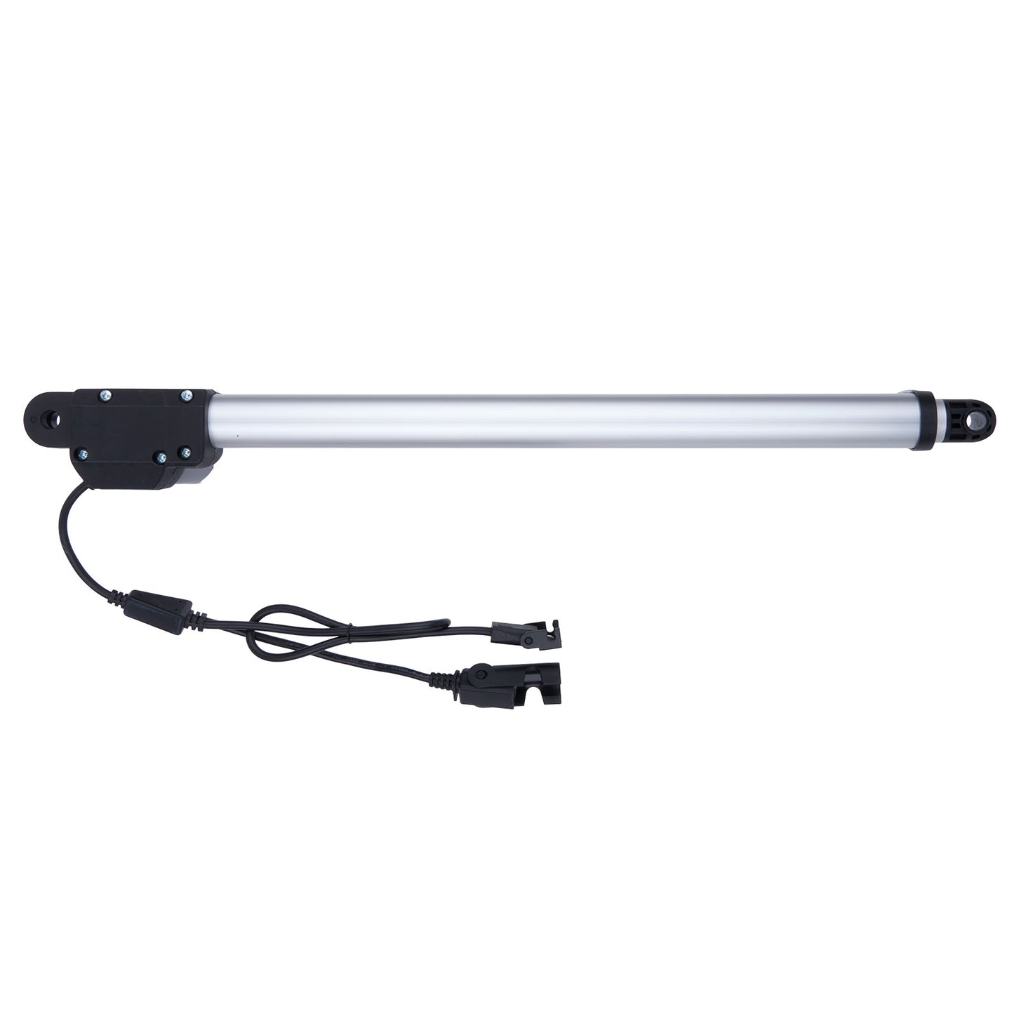 Long cylindrical light fixture with black base and white body on a white background