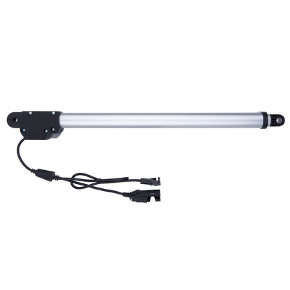 Long cylindrical light fixture with black base and white body on a white background