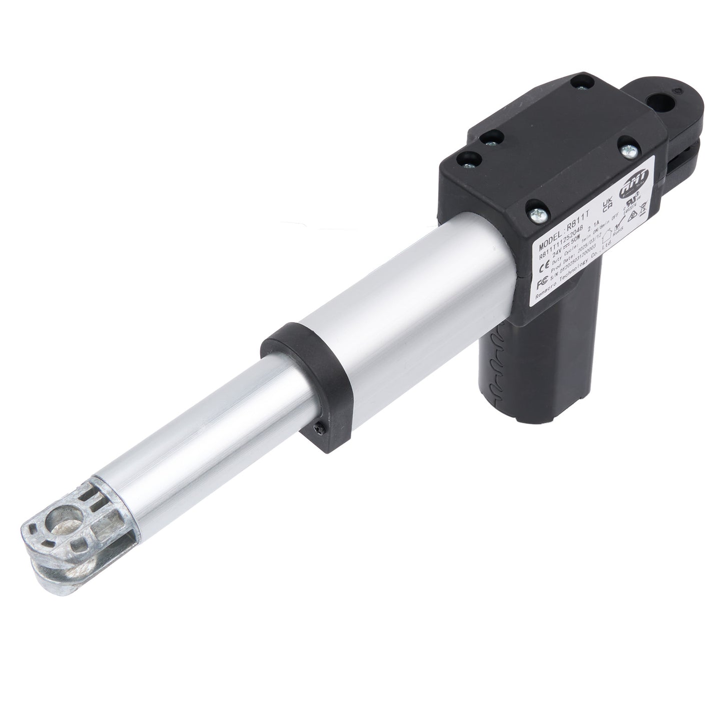 Mechanical component with a silver cylindrical shaft and black housing on a white background