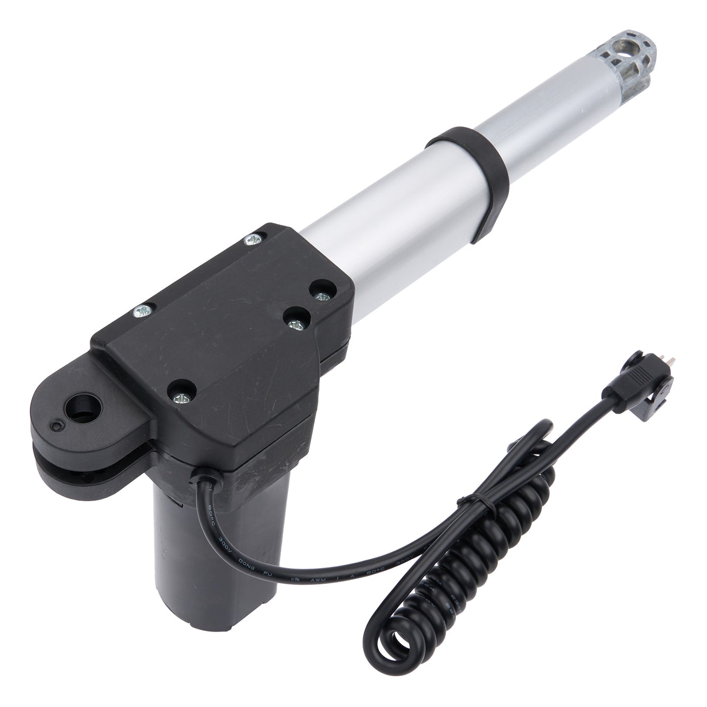 Electric actuator with a white cylindrical rod and black base on a white background