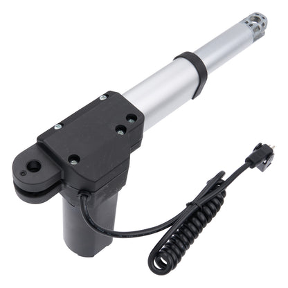 Electric actuator with a white cylindrical rod and black base on a white background