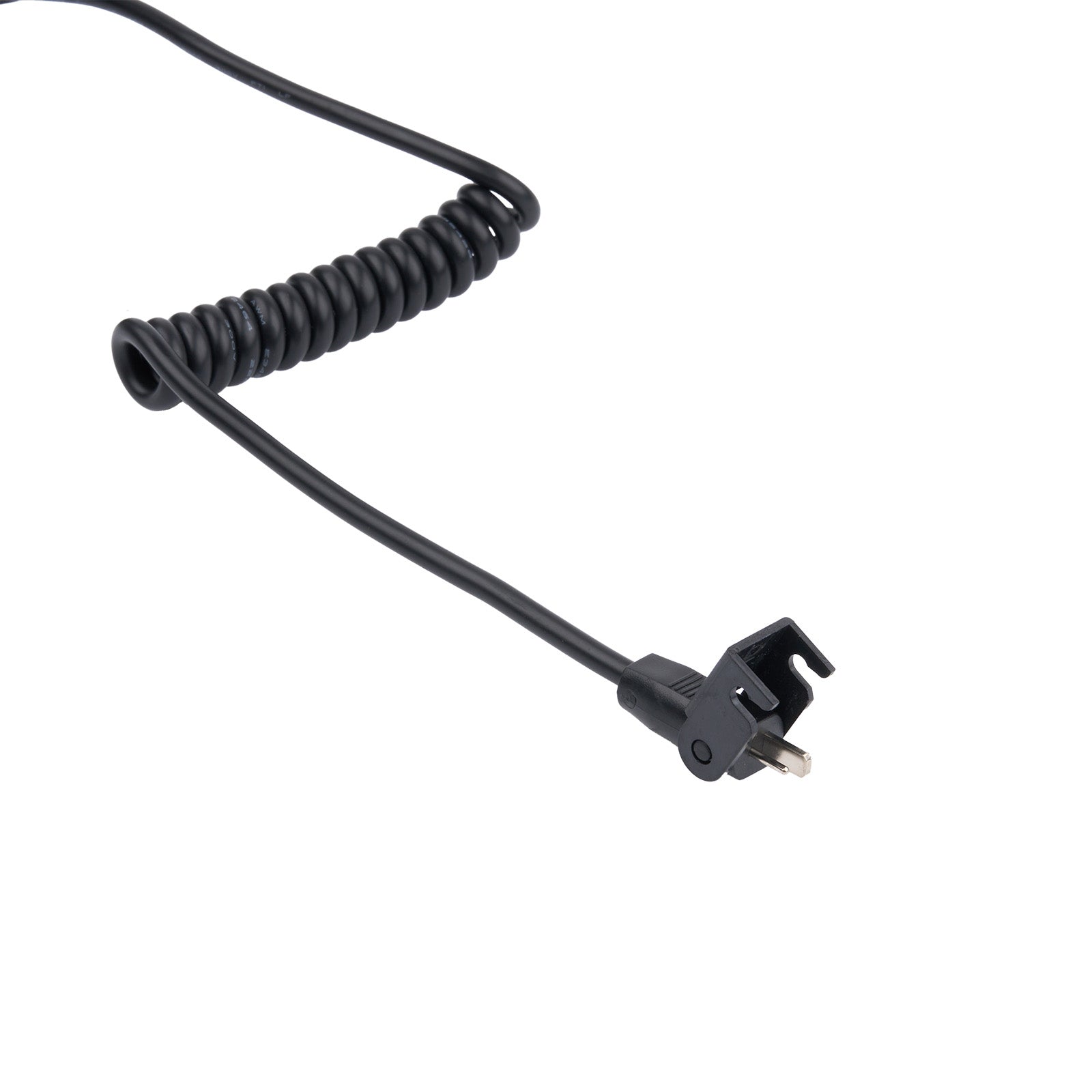 Black coiled cable with a plug on a white background