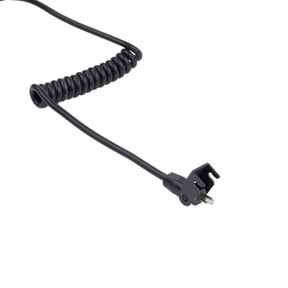 Black coiled cable with a plug on a white background